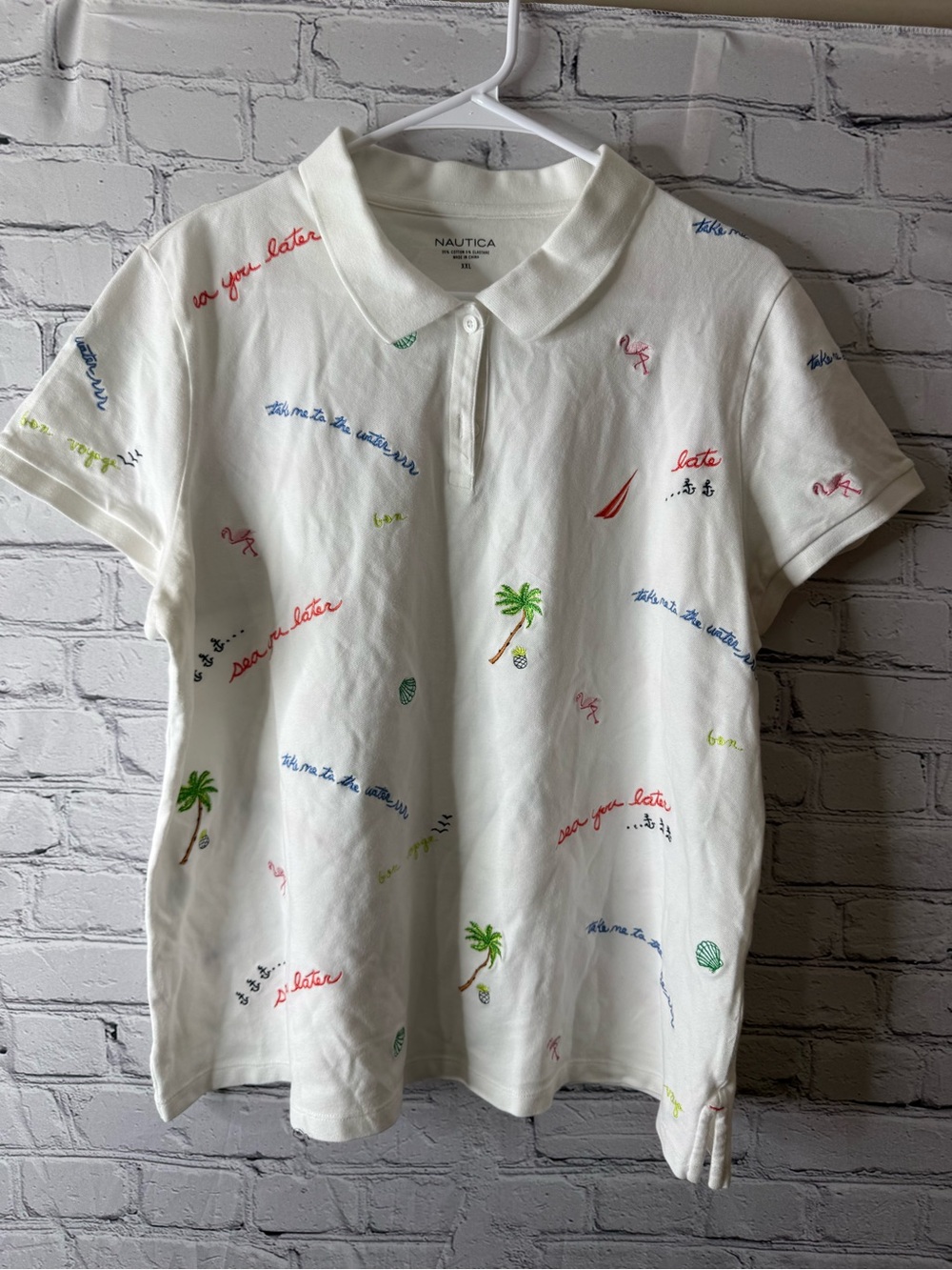 Nautica White Polo with Multicolor Embroidery